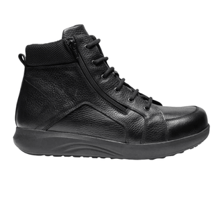 Bota New Feet negra de hombre en piel lisa, vista lateral, con cordones y cremallera