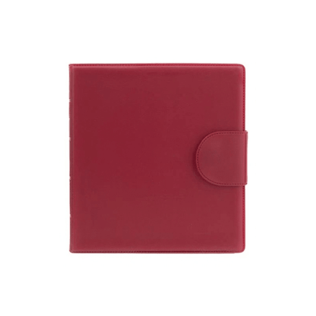 Estuche rojo cerrado para pastilleros de polipiel visto de frente con un práctico cierre de velcro