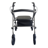 Andador Ibis gris visto directamente de frente con asiento acolchado negro y respaldo