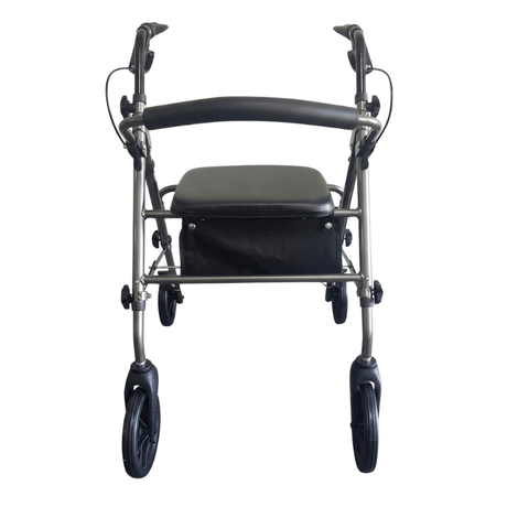 Andador Ibis gris visto directamente de frente con asiento acolchado negro y respaldo