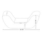 Esquema del cojín lumbar con medidas como 50 cm de largo y 18 cm de alto para un ajuste óptimo