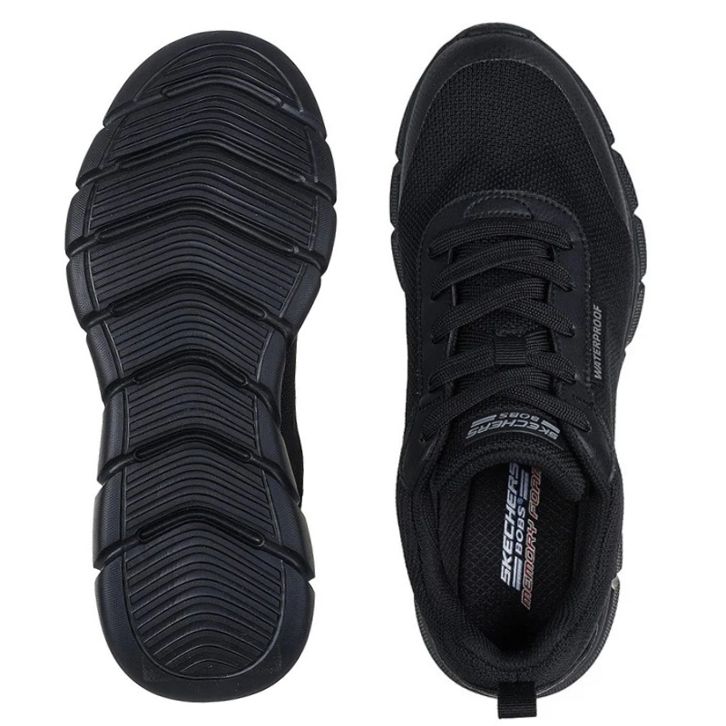 Zapatilla Skechers negra para hombre vista desde arriba y una suela a juego con patrón, vista desde abajo