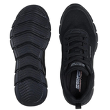 Zapatilla Skechers negra para hombre vista desde arriba y una suela a juego con patrón, vista desde abajo