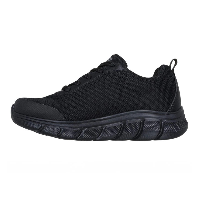 Clásica zapatilla Skechers negra para hombre con cordones y suela robusta, vista de lado