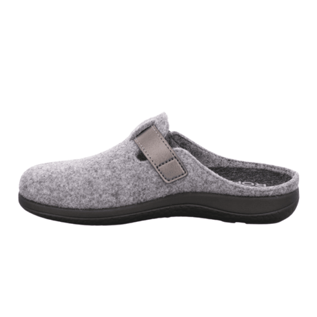 Zapatilla de casa gris Rohde de fieltro con tira de velcro abierta, vista lateral