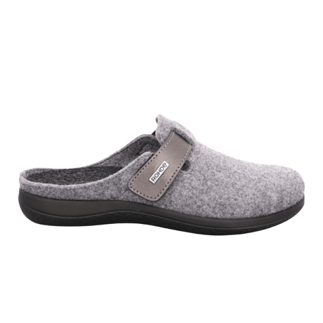 Zapatilla de casa gris Rohde de fieltro con tira de velcro cerrada, vista lateral