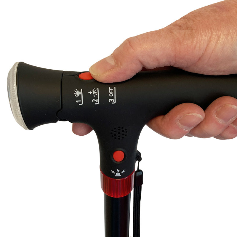 Bastón plegable con luz y alarma