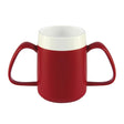 Taza roja con dos asas ergonómicas y borde blanco, vista frontal directa